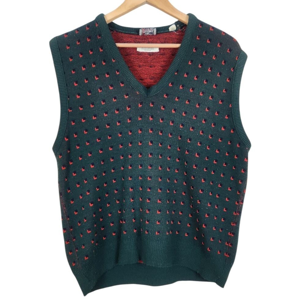 Mens Vintage 60s Knit Sweater Vest Large Green Red Preppy Vneck Grid Pattern